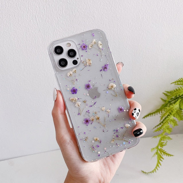 Real Grass Flowers Girls' favorite Mobile Shell For iPhone 7 8 Plus X XR XSMax 12 Mini 11 12 Pro Max SE 2 Clear Phone Cover Case