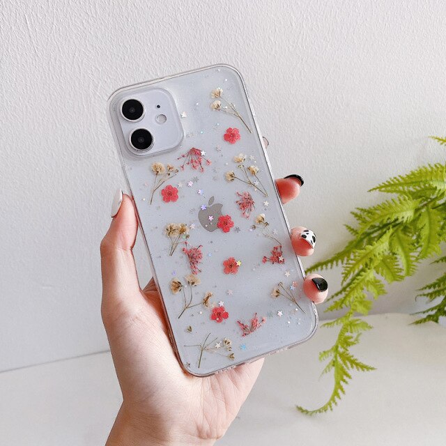 Real Grass Flowers Girls' favorite Mobile Shell For iPhone 7 8 Plus X XR XSMax 12 Mini 11 12 Pro Max SE 2 Clear Phone Cover Case