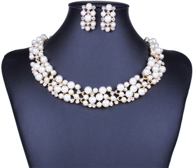 Fashion Pearl Jewelry Sets For Women African Beads Jewelry Set Gold Wedding Crystal Bridal Dubai Necklace Jewelery Costume