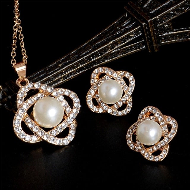 Fashion Pearl Jewelry Sets For Women African Beads Jewelry Set Gold Wedding Crystal Bridal Dubai Necklace Jewelery Costume