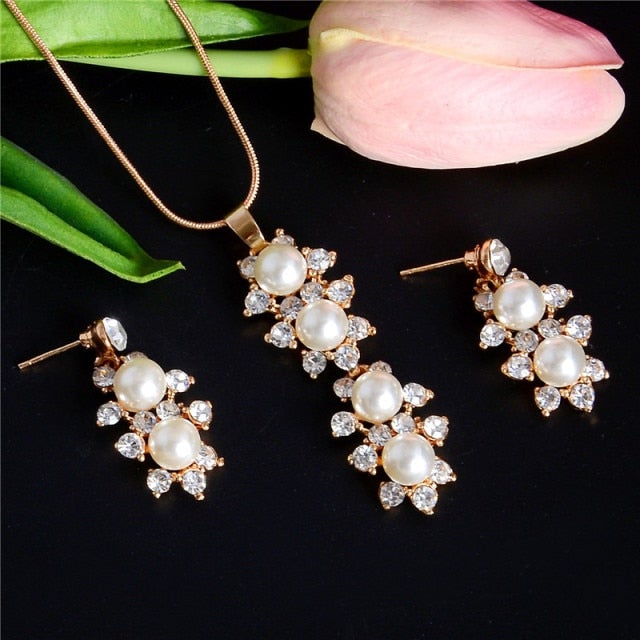 Fashion Pearl Jewelry Sets For Women African Beads Jewelry Set Gold Wedding Crystal Bridal Dubai Necklace Jewelery Costume