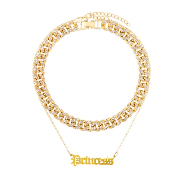 Flatfoosie Iced Out Full Rhinestone Cuban Chain Necklace Women Multilayer Crystal Butterfly Letter Pendant Necklace Punk Jewelry