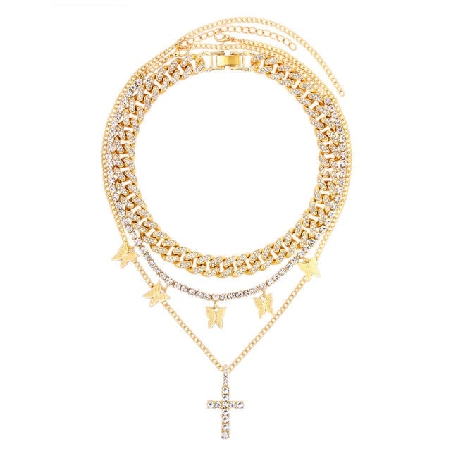 Flatfoosie Iced Out Full Rhinestone Cuban Chain Necklace Women Multilayer Crystal Butterfly Letter Pendant Necklace Punk Jewelry