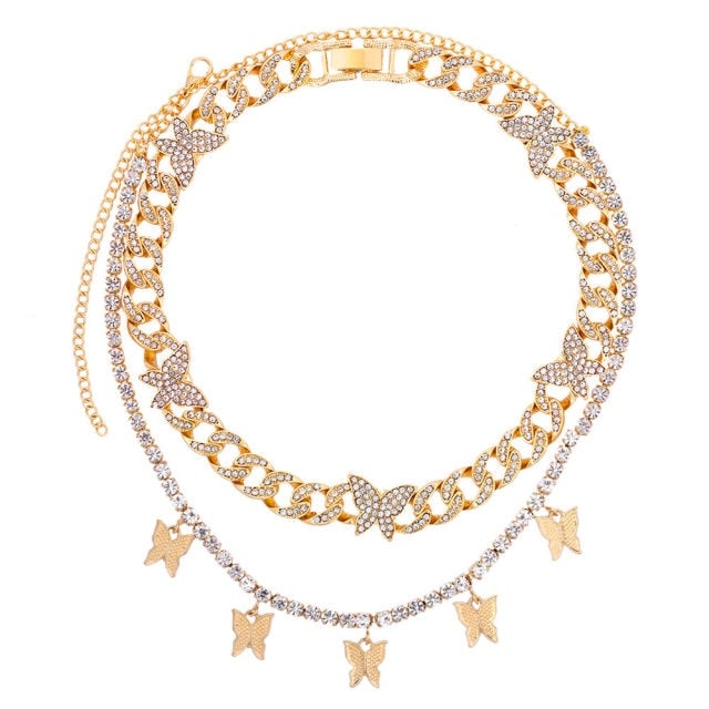Flatfoosie Iced Out Full Rhinestone Cuban Chain Necklace Women Multilayer Crystal Butterfly Letter Pendant Necklace Punk Jewelry