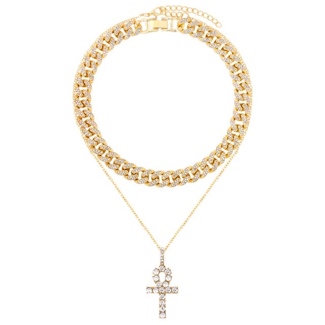 Flatfoosie Iced Out Full Rhinestone Cuban Chain Necklace Women Multilayer Crystal Butterfly Letter Pendant Necklace Punk Jewelry