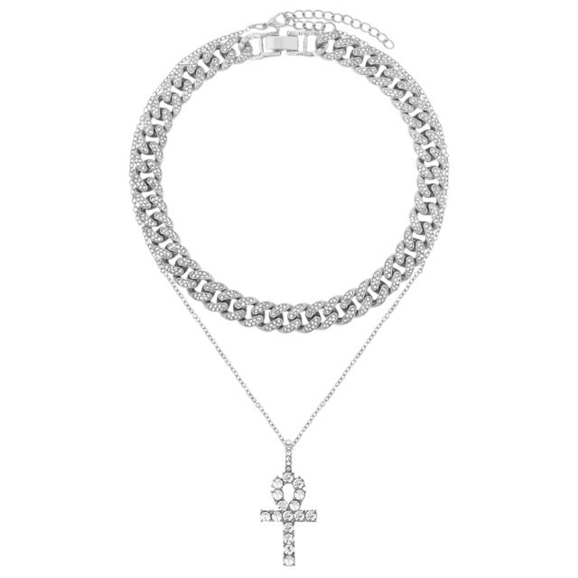 Flatfoosie Iced Out Full Rhinestone Cuban Chain Necklace Women Multilayer Crystal Butterfly Letter Pendant Necklace Punk Jewelry