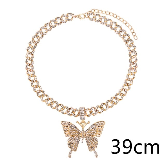 Flatfoosie Iced Out Full Rhinestone Cuban Chain Necklace Women Multilayer Crystal Butterfly Letter Pendant Necklace Punk Jewelry