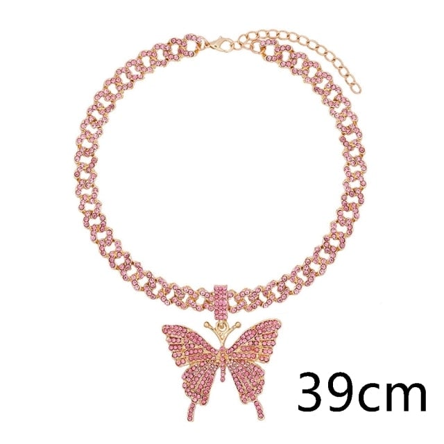 Flatfoosie Iced Out Full Rhinestone Cuban Chain Necklace Women Multilayer Crystal Butterfly Letter Pendant Necklace Punk Jewelry