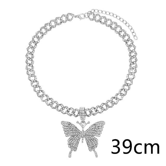 Flatfoosie Iced Out Full Rhinestone Cuban Chain Necklace Women Multilayer Crystal Butterfly Letter Pendant Necklace Punk Jewelry