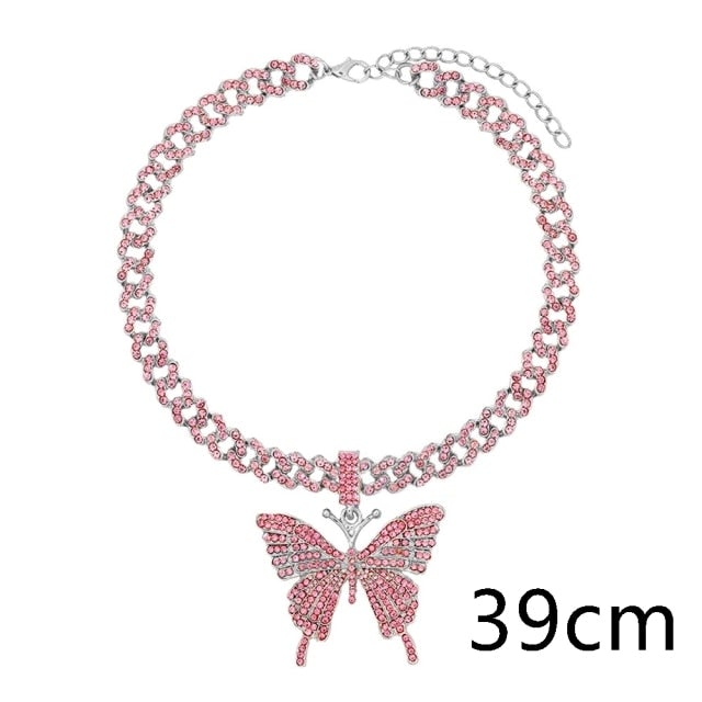 Flatfoosie Iced Out Full Rhinestone Cuban Chain Necklace Women Multilayer Crystal Butterfly Letter Pendant Necklace Punk Jewelry