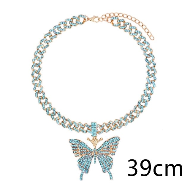 Flatfoosie Iced Out Full Rhinestone Cuban Chain Necklace Women Multilayer Crystal Butterfly Letter Pendant Necklace Punk Jewelry