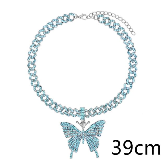 Flatfoosie Iced Out Full Rhinestone Cuban Chain Necklace Women Multilayer Crystal Butterfly Letter Pendant Necklace Punk Jewelry
