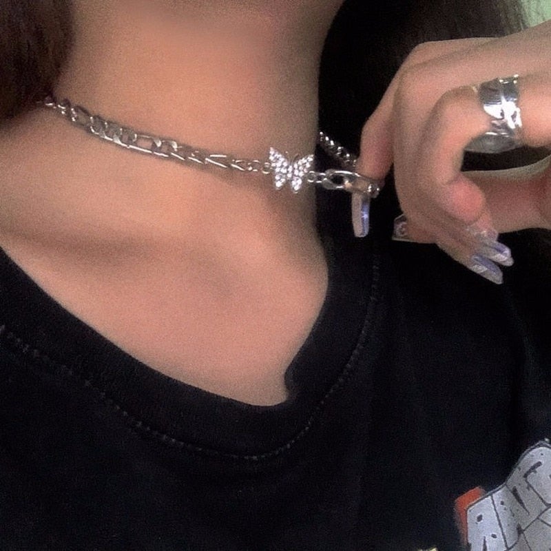 Shiny Zircon Butterfly Pendant Choker Light Luxury Aesthetic Niche Clavicle Silver-plated Necklace Jewelry Women