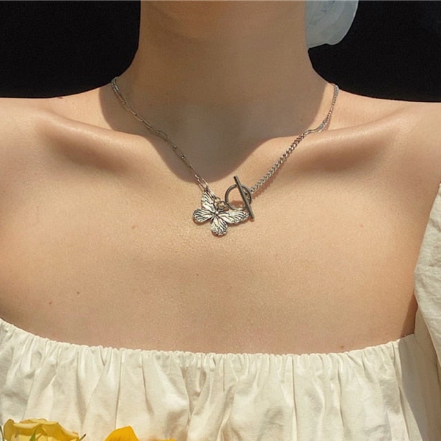 Shiny Zircon Butterfly Pendant Choker Light Luxury Aesthetic Niche Clavicle Silver-plated Necklace Jewelry Women