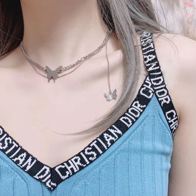 Shiny Zircon Butterfly Pendant Choker Light Luxury Aesthetic Niche Clavicle Silver-plated Necklace Jewelry Women