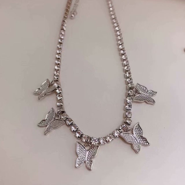 Shiny Zircon Butterfly Pendant Choker Light Luxury Aesthetic Niche Clavicle Silver-plated Necklace Jewelry Women