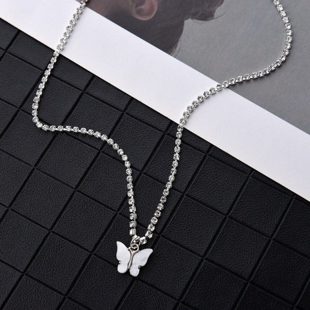 Shiny Zircon Butterfly Pendant Choker Light Luxury Aesthetic Niche Clavicle Silver-plated Necklace Jewelry Women