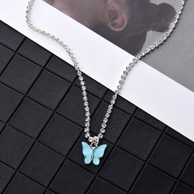 Shiny Zircon Butterfly Pendant Choker Light Luxury Aesthetic Niche Clavicle Silver-plated Necklace Jewelry Women