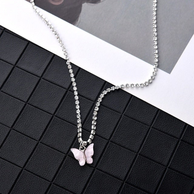 Shiny Zircon Butterfly Pendant Choker Light Luxury Aesthetic Niche Clavicle Silver-plated Necklace Jewelry Women