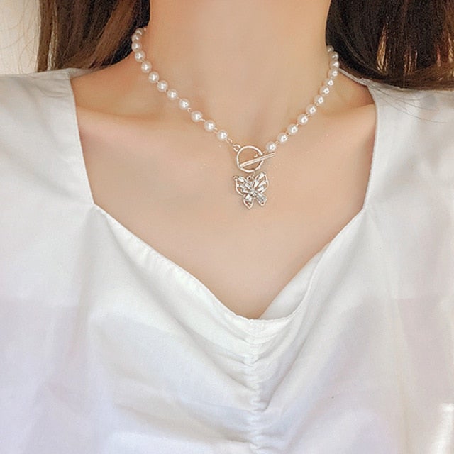 Shiny Zircon Butterfly Pendant Choker Light Luxury Aesthetic Niche Clavicle Silver-plated Necklace Jewelry Women