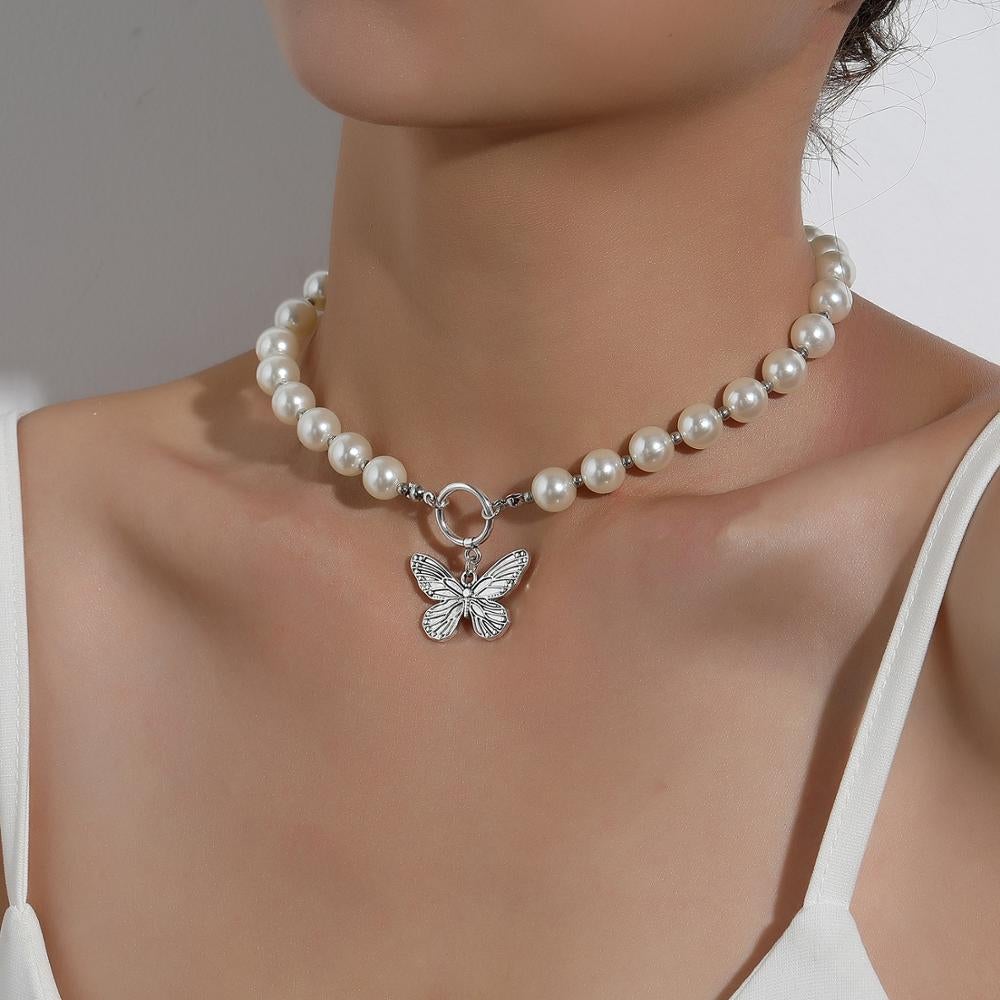 Antique Pearl Chain Necklace With Butterfly Pendant Charms Silvery Neck Jewelry For Women Party Gift Ideas