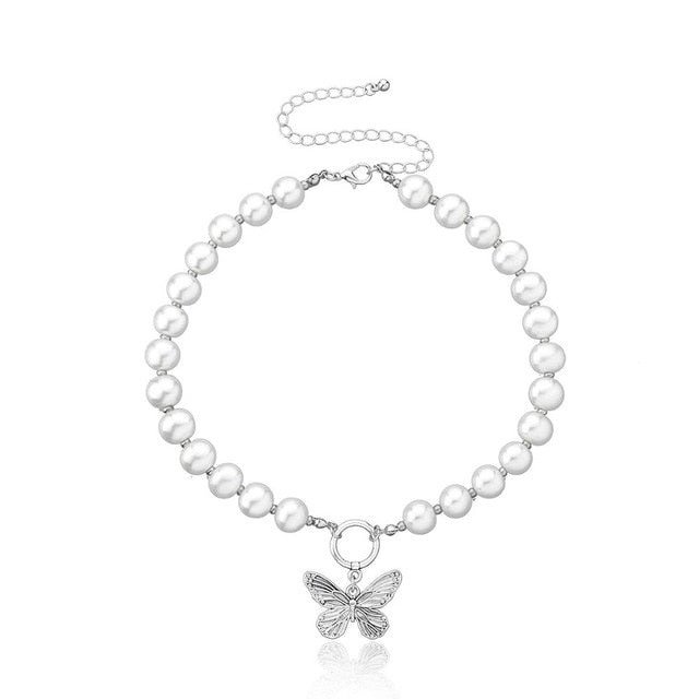 Antique Pearl Chain Necklace With Butterfly Pendant Charms Silvery Neck Jewelry For Women Party Gift Ideas
