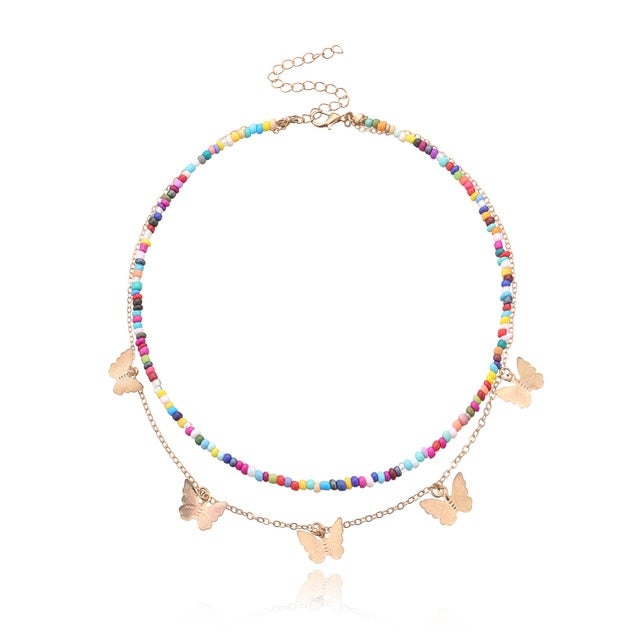 Antique Pearl Chain Necklace With Butterfly Pendant Charms Silvery Neck Jewelry For Women Party Gift Ideas