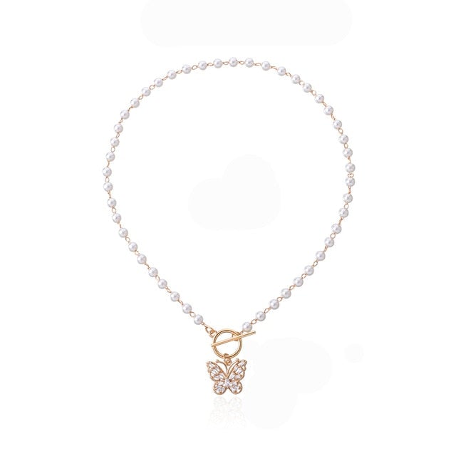 Antique Pearl Chain Necklace With Butterfly Pendant Charms Silvery Neck Jewelry For Women Party Gift Ideas