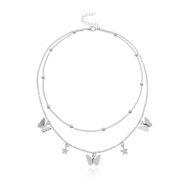 Antique Pearl Chain Necklace With Butterfly Pendant Charms Silvery Neck Jewelry For Women Party Gift Ideas