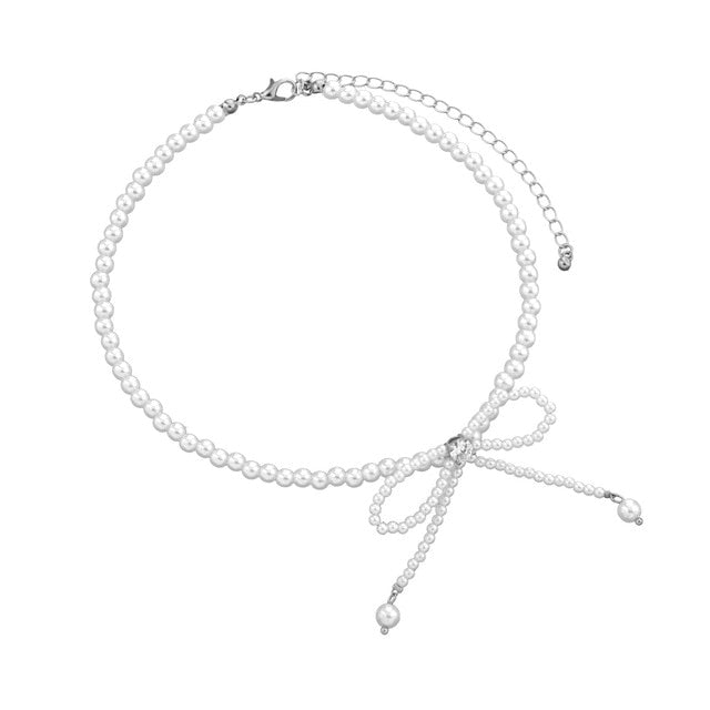 Antique Pearl Chain Necklace With Butterfly Pendant Charms Silvery Neck Jewelry For Women Party Gift Ideas