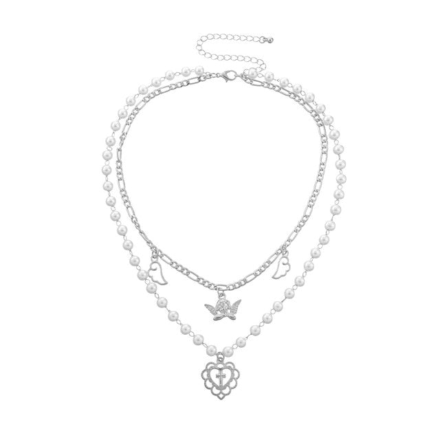 Antique Pearl Chain Necklace With Butterfly Pendant Charms Silvery Neck Jewelry For Women Party Gift Ideas