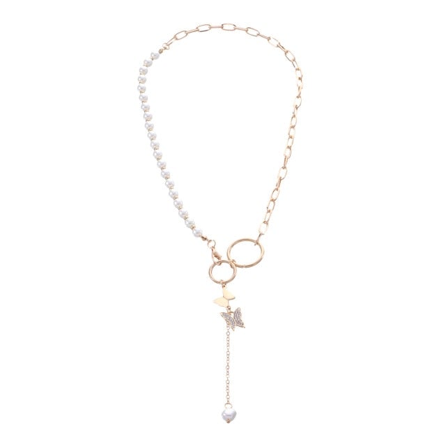 Antique Pearl Chain Necklace With Butterfly Pendant Charms Silvery Neck Jewelry For Women Party Gift Ideas