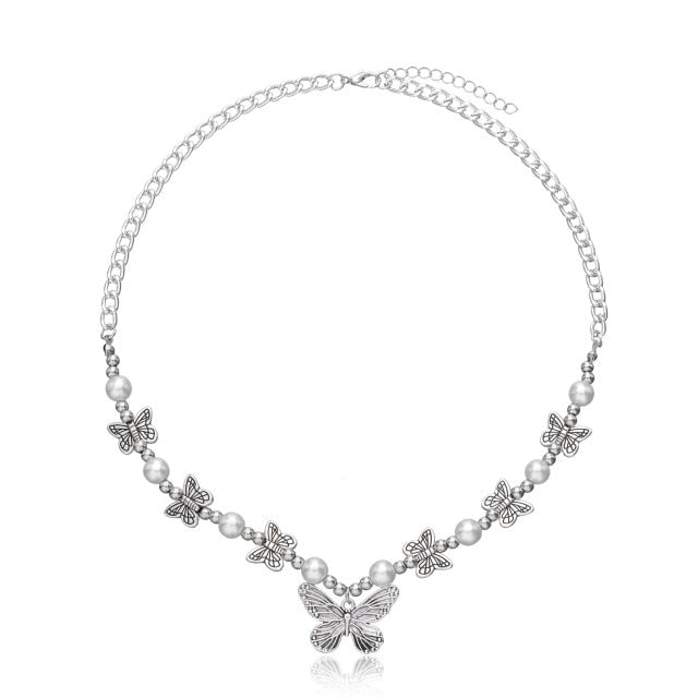 Antique Pearl Chain Necklace With Butterfly Pendant Charms Silvery Neck Jewelry For Women Party Gift Ideas