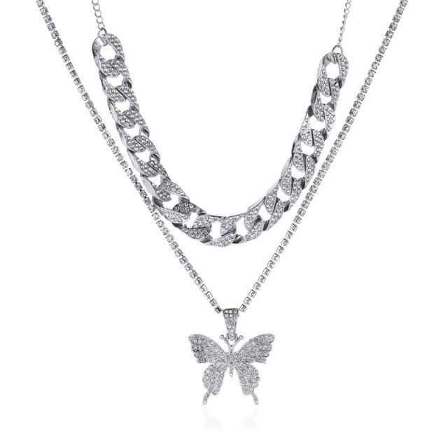 LATS Punk Cuban Double Layer Big Butterfly Pendant Necklace Full Rhinestone Gold Color Choker Thick Chain Necklace Women Jewelry