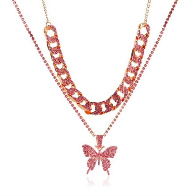 LATS Punk Cuban Double Layer Big Butterfly Pendant Necklace Full Rhinestone Gold Color Choker Thick Chain Necklace Women Jewelry