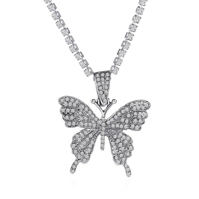 LATS Punk Cuban Double Layer Big Butterfly Pendant Necklace Full Rhinestone Gold Color Choker Thick Chain Necklace Women Jewelry