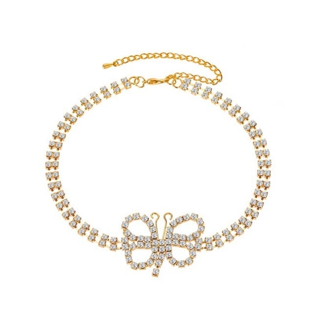 LATS Punk Cuban Double Layer Big Butterfly Pendant Necklace Full Rhinestone Gold Color Choker Thick Chain Necklace Women Jewelry