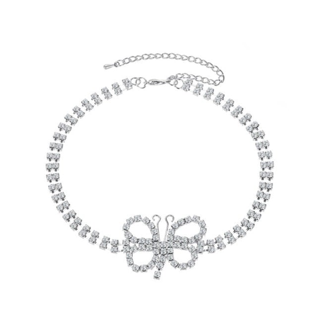 LATS Punk Cuban Double Layer Big Butterfly Pendant Necklace Full Rhinestone Gold Color Choker Thick Chain Necklace Women Jewelry