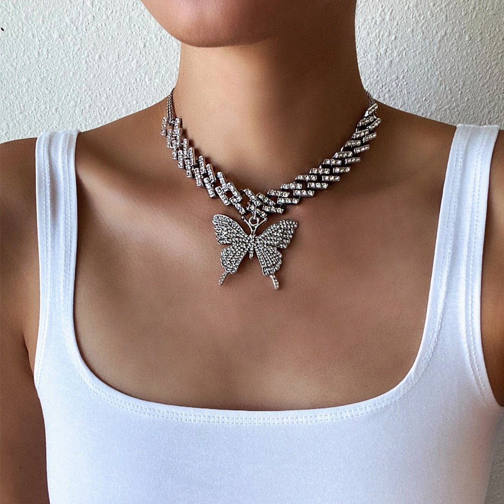 Trendy Butterfly Necklace For Women Iced Out Cuban Link Chain Girl Chocker Hip Hop Pendant Sexy Outfits Jewelry