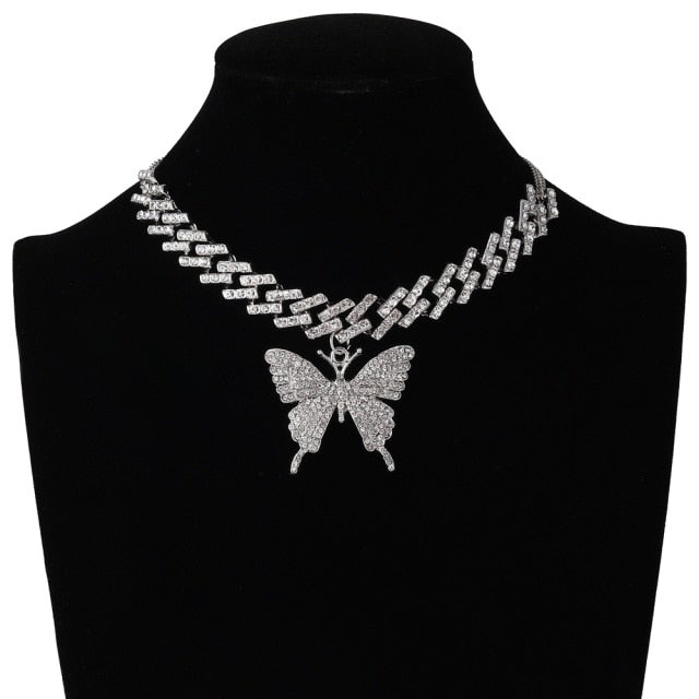Trendy Butterfly Necklace For Women Iced Out Cuban Link Chain Girl Chocker Hip Hop Pendant Sexy Outfits Jewelry