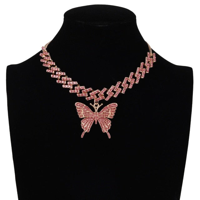 Trendy Butterfly Necklace For Women Iced Out Cuban Link Chain Girl Chocker Hip Hop Pendant Sexy Outfits Jewelry