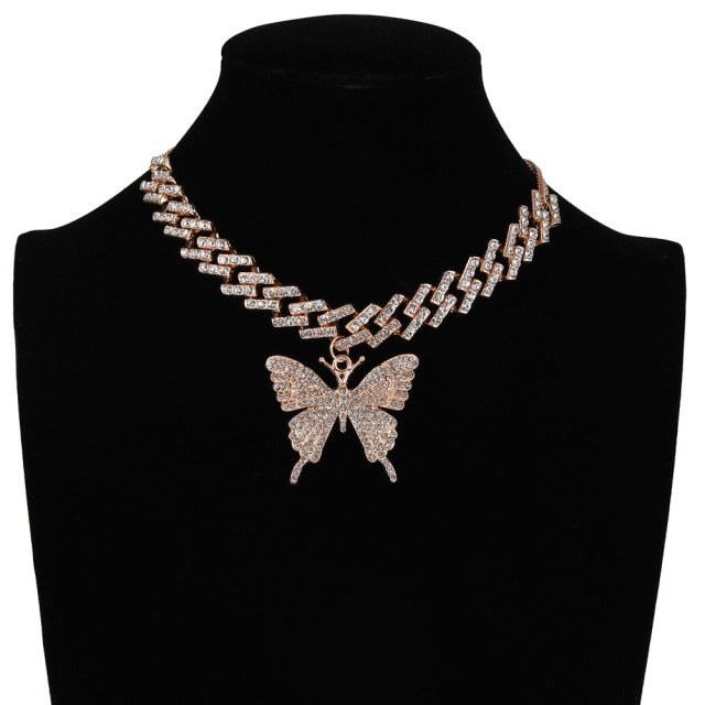 Trendy Butterfly Necklace For Women Iced Out Cuban Link Chain Girl Chocker Hip Hop Pendant Sexy Outfits Jewelry