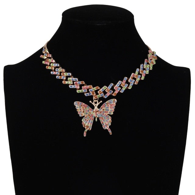 Trendy Butterfly Necklace For Women Iced Out Cuban Link Chain Girl Chocker Hip Hop Pendant Sexy Outfits Jewelry