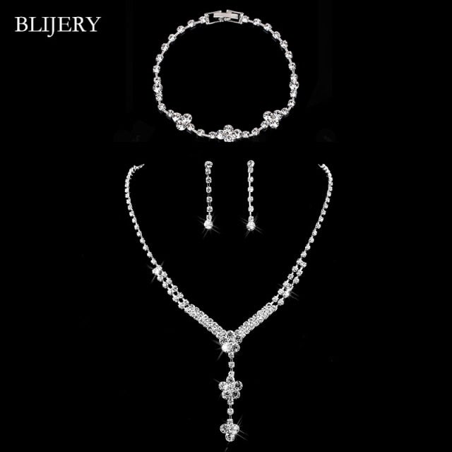 BLIJERY Fashion Crystal Bridal Jewelry Sets Silver Color Geometric Choker Necklace Earrings Bracelet Wedding Jewelry Sets