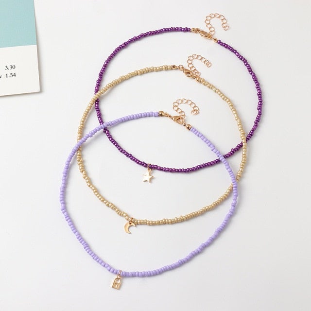 Bohemian Multilayer Seed Bead Star Moon Butterfly Pendant Necklace For Women Fashion Beach Simple Lock Choker Collar Gift