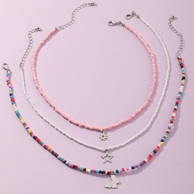 Bohemian Multilayer Seed Bead Star Moon Butterfly Pendant Necklace For Women Fashion Beach Simple Lock Choker Collar Gift