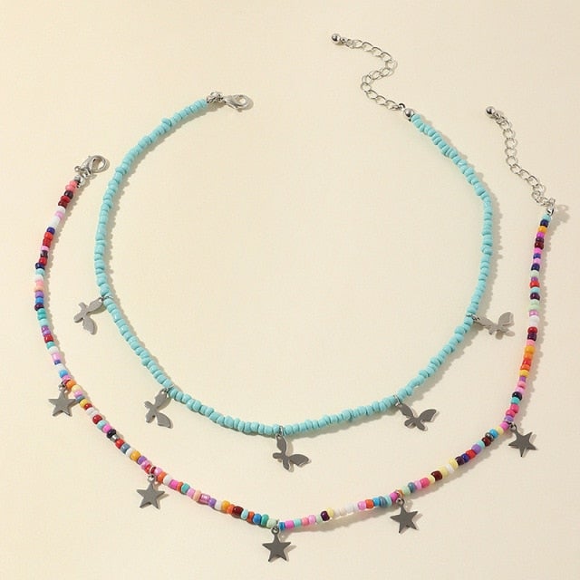 Bohemian Multilayer Seed Bead Star Moon Butterfly Pendant Necklace For Women Fashion Beach Simple Lock Choker Collar Gift
