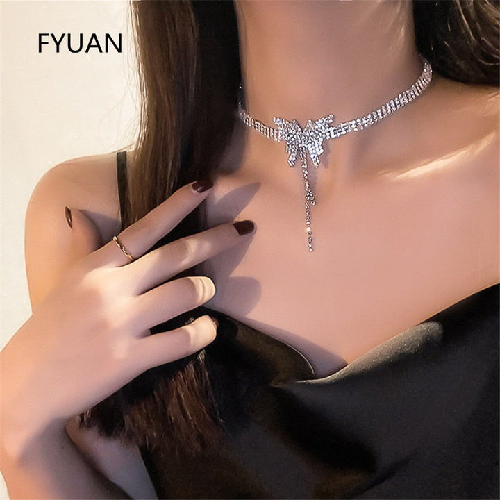 FYUAN Butterfly Crystal Choker Necklaces for Women Long Tassel Rhinestone Necklaces Weddings Jewelry Party Gifts