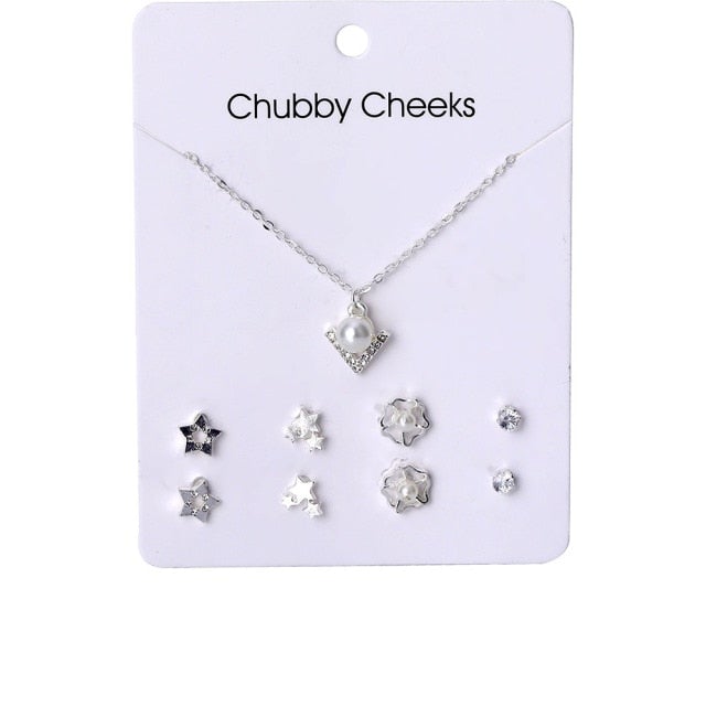 VKME Korean Women's Earrings Cross Necklace Jewelry Sets For Women Fashion Jewelry 2021 Crystal Heart Stud Earring