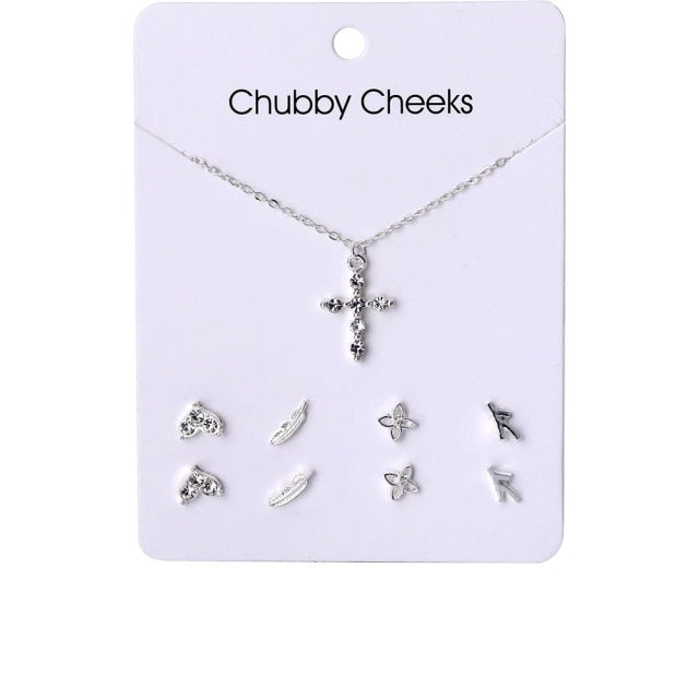 VKME Korean Women's Earrings Cross Necklace Jewelry Sets For Women Fashion Jewelry 2021 Crystal Heart Stud Earring